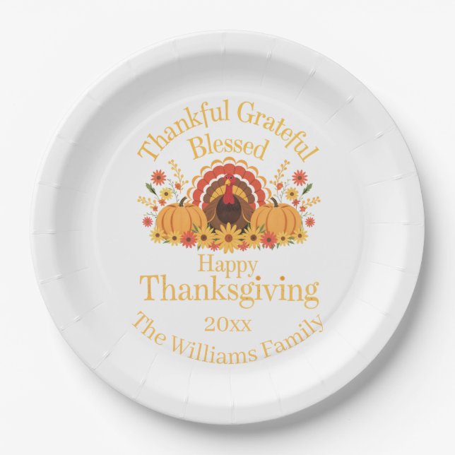 Thankful Grateful Blessed Turkey  Paper Plate (Front)