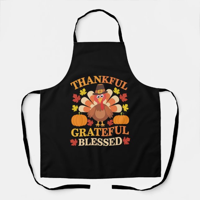 Thankful Grateful Blessed Turkey Thanksgiving Apron (Front)