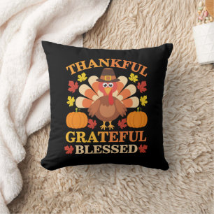 Thankful Grateful Blessed Turkey Thanksgiving Cushion