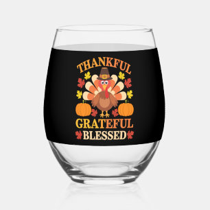Thankful Grateful Blessed Turkey Thanksgiving Stemless Wine Glass