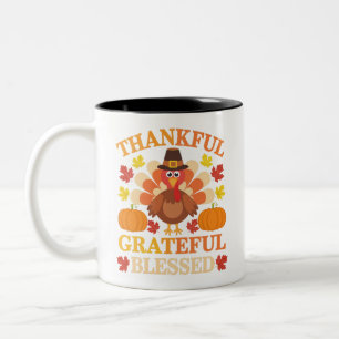 Thankful Grateful Blessed Turkey Thanksgiving Two-Tone Coffee Mug