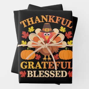 Thankful Grateful Blessed Turkey Thanksgiving Wrapping Paper Sheet