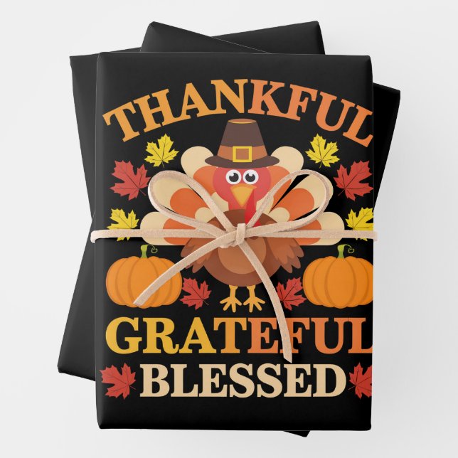 Thankful Grateful Blessed Turkey Thanksgiving Wrapping Paper Sheet (In situ)