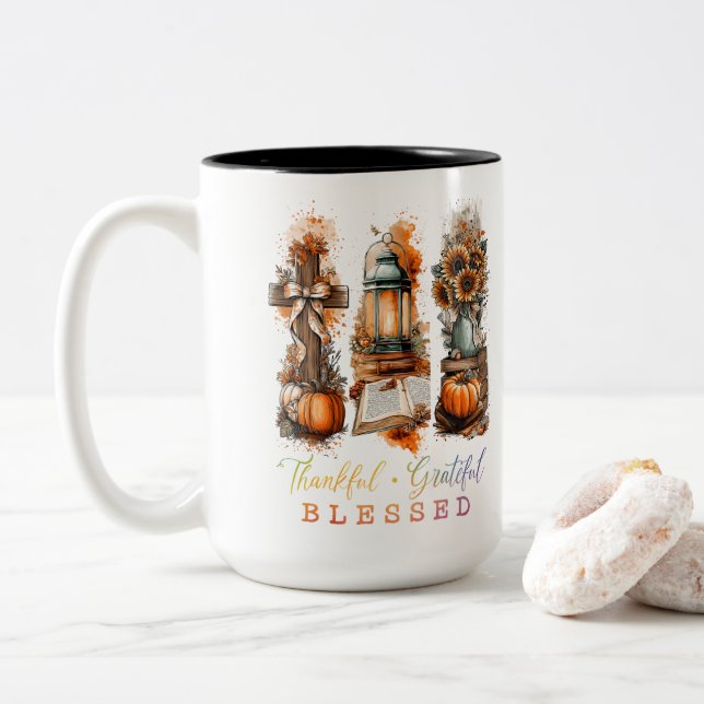 Thankful Grateful Blessed  Two-Tone Coffee Mug (With Donut)