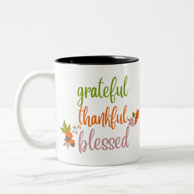 Thankful Grateful Blessed Two-Tone Coffee Mug (Left)