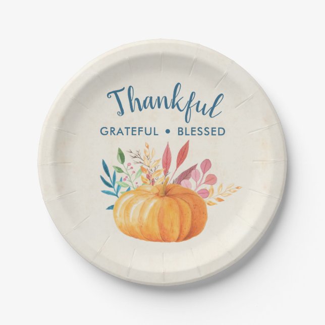 Thankful Grateful Blessed Typography Thanksgiving Paper Plate (Front)