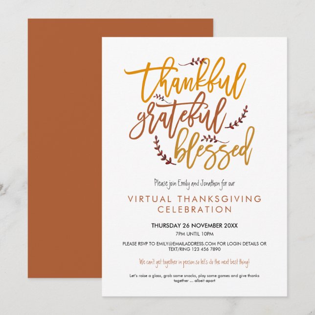 Thankful Grateful Blessed Virtual Thanksgiving Invitation (Front/Back)