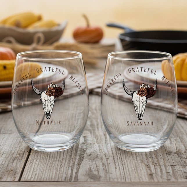 Thankful Grateful Blessed Western Friendsgiving Stemless Wine Glass (Chic Western Cow Skull and Roses Hand Drawn Illustration in Black Ink for Thanksgiving Dinner Party)