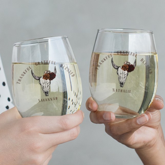 Thankful Grateful Blessed Western Friendsgiving Stemless Wine Glass (Custom Thankful Grateful Blessed Western Thanksgiving Cow Skull & Roses Wine Glasses. )