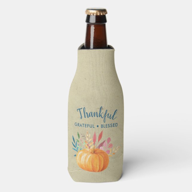 Thankful Grateful Blessed with Orange Pumpkin Bottle Cooler (Bottle Front)