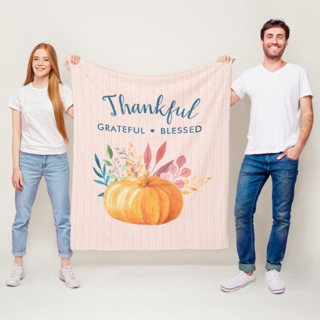 Thankful Grateful Blessed with Orange Pumpkin Fleece Blanket (In Situ)