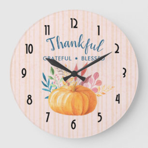 Thankful Grateful Blessed with Orange Pumpkin Large Clock