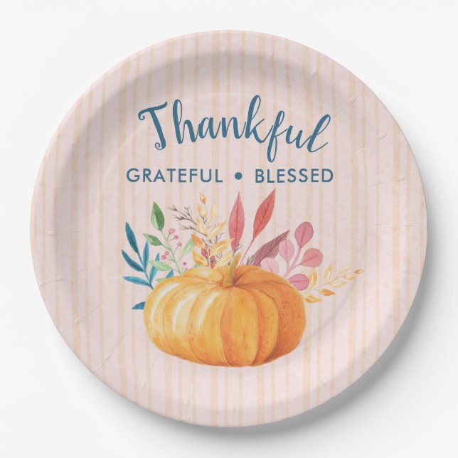 Thankful Grateful Blessed with Orange Pumpkin Paper Plate (Front)