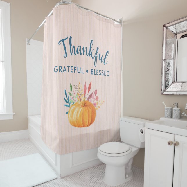 Thankful Grateful Blessed with Orange Pumpkin Shower Curtain (In Situ)