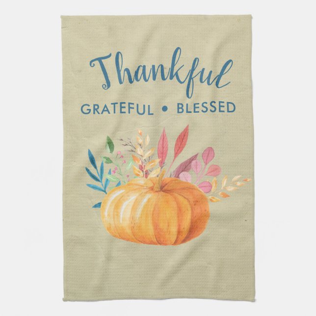 Thankful Grateful Blessed with Orange Pumpkin Tea Towel (Vertical)