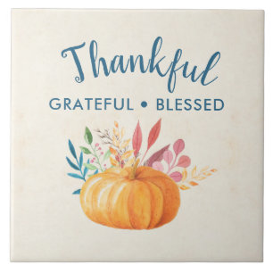 Thankful Grateful Blessed with Orange Pumpkin Tile