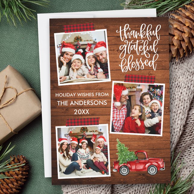 Thankful Grateful Blessed Wood Truck Plaid Tape Holiday Card (Customize to add text to back of card.)