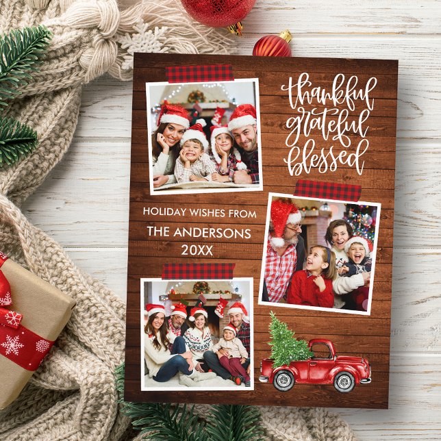 Thankful Grateful Blessed Wood Truck Plaid Tape Postcard (Customize to change your personalized text size or text style.)