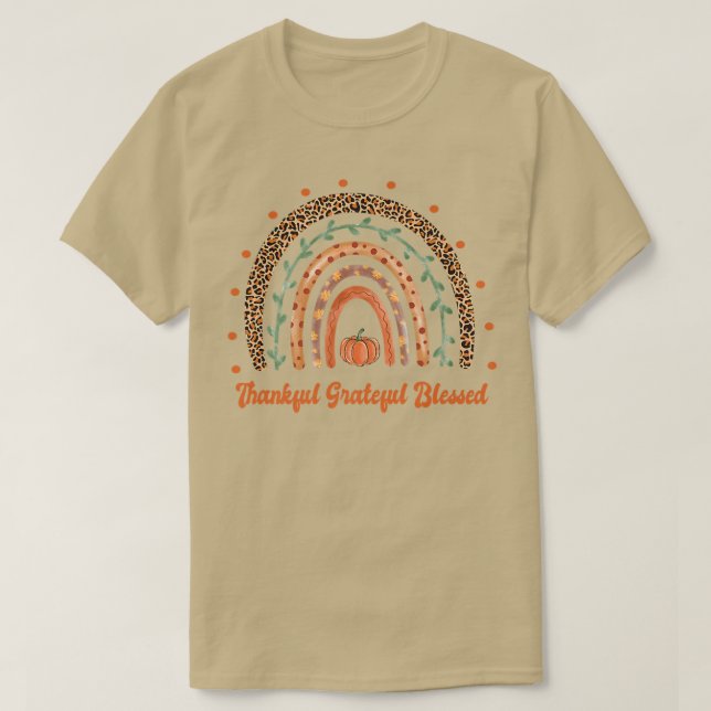 Thankful Grateful BlessedFall Autumn Boho Rainbow T-Shirt (Design Front)