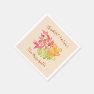 Thankful Grateful Fall Leaves and Berries Paper Napkin