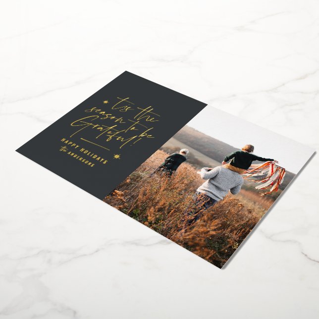 Thankful grateful modern minimal elegant script fo foil holiday card (Rotated)
