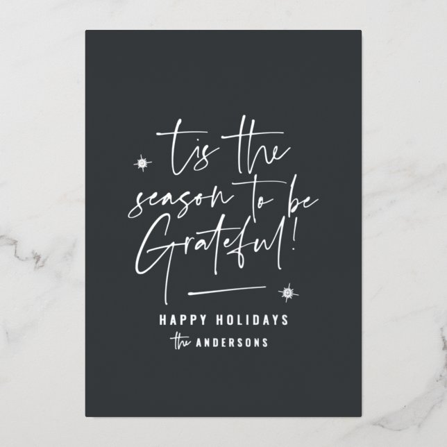 Thankful grateful modern minimal elegant script foil holiday card (Front)
