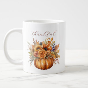 Thankful-Grateful-Pumpkin with Flowers- Large Coffee Mug