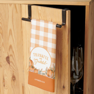 Thankful Grateful Pumpkins Gingham Thanksgiving Tea Towel