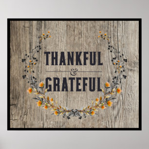 Thankful & Grateful Rustic Wood Poster