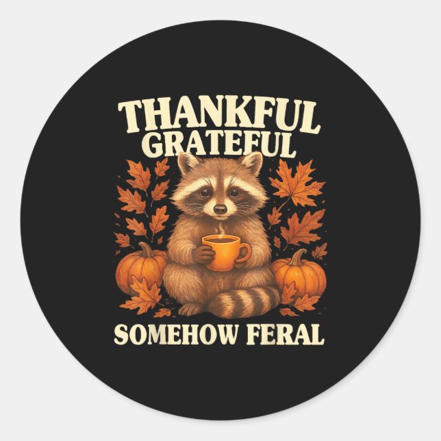 Thankful Grateful Somehow Feral Funny Raccoon Autu Classic Round Sticker (Front)