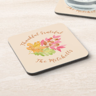 Thankful Grateful Watercolor Leaves and Berries Coaster