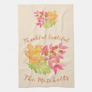 Thankful Grateful Watercolor Leaves Berries Tea Towel