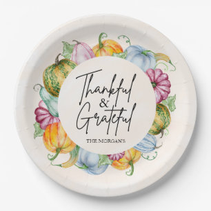 Thankful & Grateful Watercolor Pumpkin Autumn Paper Plate