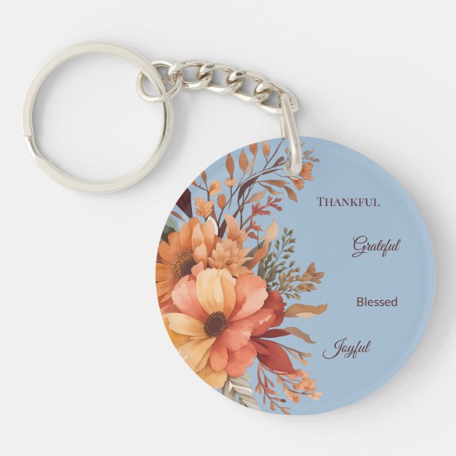 Thankful Grategul Blessed Floral Thanksgiving  Key Ring (Front)