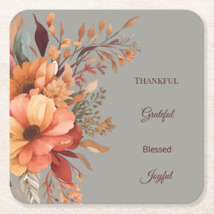 Thankful Grategul Blessed Floral Thanksgiving Squ Square Paper Coaster