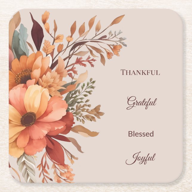 Thankful Grategul Blessed Floral Thanksgiving  Square Paper Coaster (Front)
