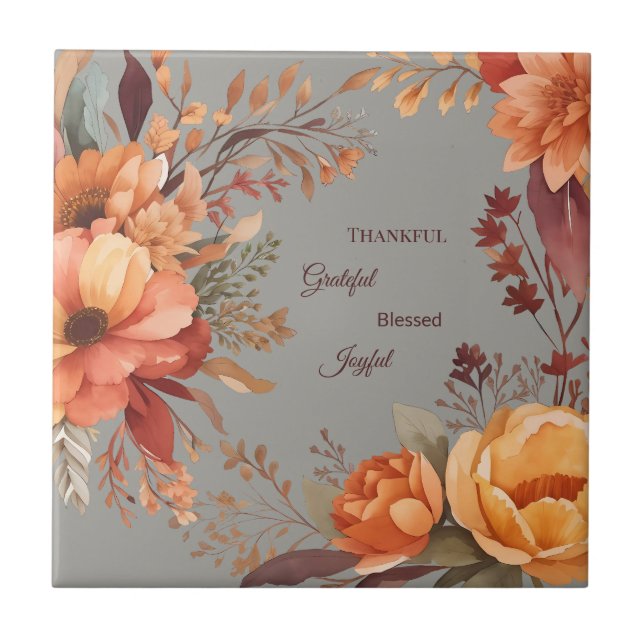 Thankful Grategul Blessed Floral Thanksgiving  Tile (Front)