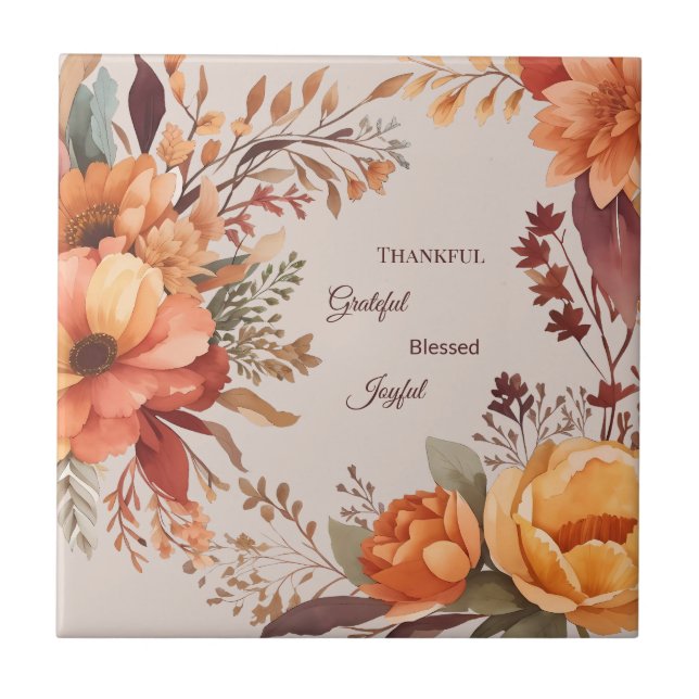 Thankful Grategul Blessed Floral Thanksgiving  Tile (Front)