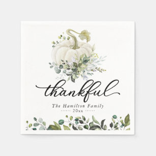 Thankful Greenery White Pumpkin Thanksgiving Napkin