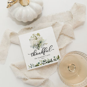 Thankful Greenery White Pumpkin Thanksgiving Napkin
