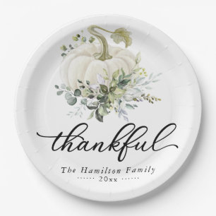 Thankful Greenery White Pumpkin Thanksgiving Paper Plate