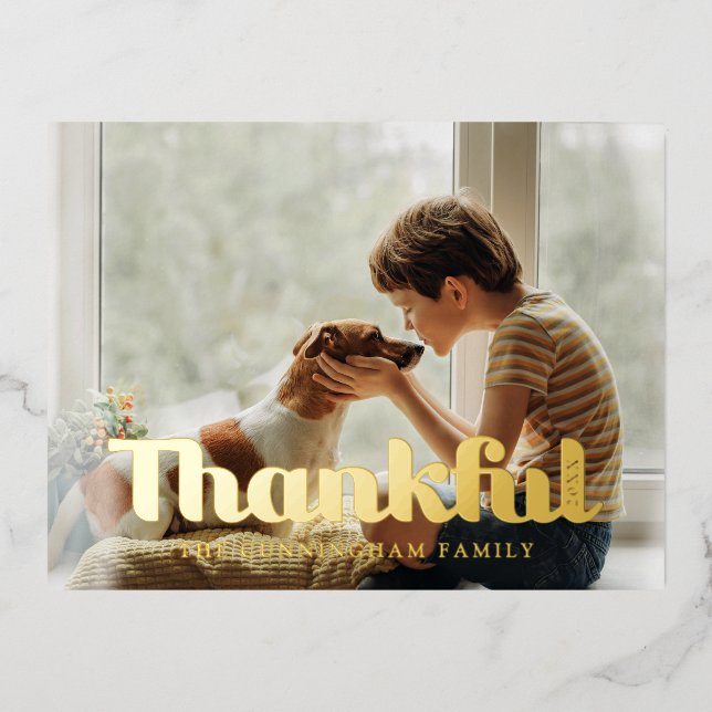 Thankful Happy Thanksgiving Modern Simple Photo Foil Holiday Postcard (Front)