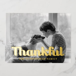 Thankful Happy Thanksgiving Modern Simple Photo Foil Holiday Postcard