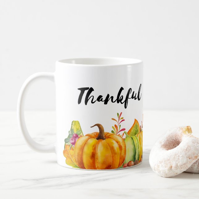 Thankful Harvest Pumpkins, Leaves and Foliage Coffee Mug (With Donut)