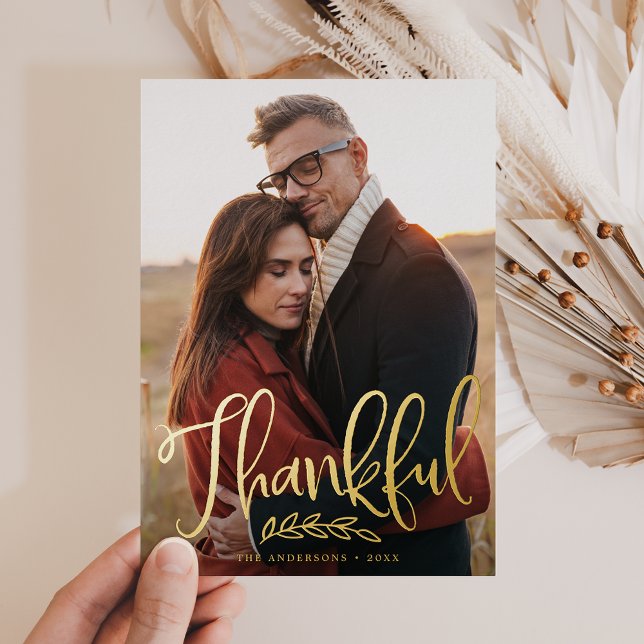 Thankful Harvest Script Photo Thanksgiving Foil Holiday Card (Creator Uploaded)
