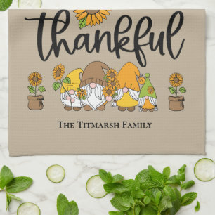 Thankful little sunflower gnome family tea towel