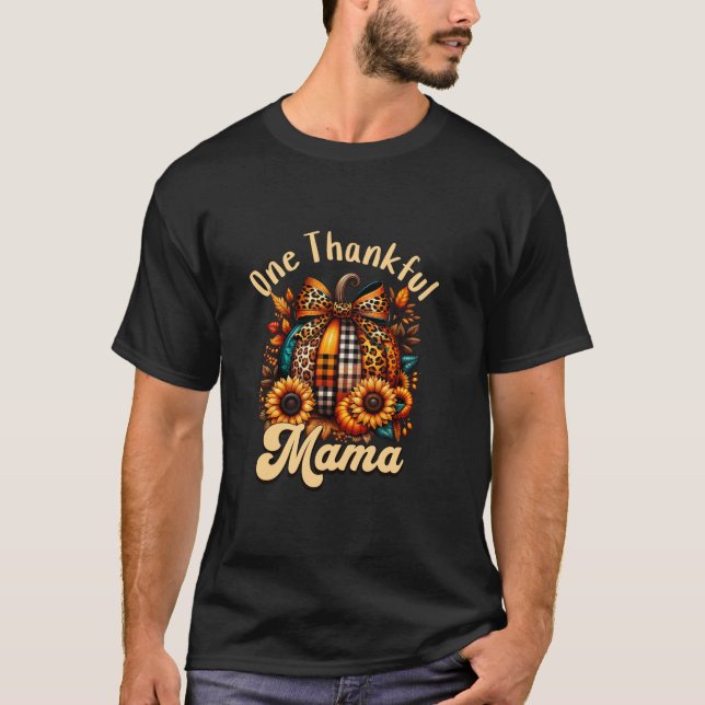 Thankful Mama Coquette Bow Leopard Pumpkin Sunflow T-Shirt (Front)