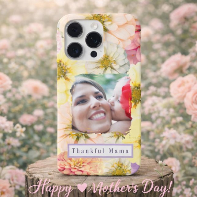 Thankful Mama Custom Photo Upload Floral  iPhone Case (Creator Uploaded)