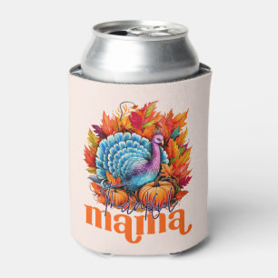 Thankful Mama Turkey and Autumn Leaves Foliage Can Cooler