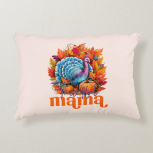 Thankful Mama Turkey and Autumn Leaves Foliage Decorative Cushion
